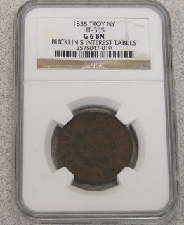 1835 Bucklins Interest Tables Hard Times Token HT 355 Troy NY NGC G 6 