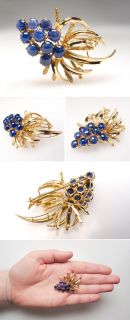   Natural Blue Sapphire Cabochon Floral Brooch Pin Solid 18K Gold