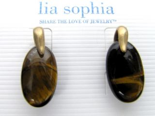 Lia Sophia Matte Gold Brown Tigers Eye Stone Post Earrings