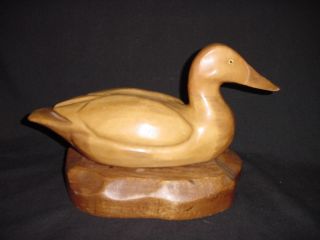 Hand Carved Wooden Duck with Wood Base 8 3 4 x 14 1 2