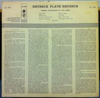 DAVE BRUBECK plays brubeck solo piano LP VG+ CL 878 Mono 1A/1A US 1956 