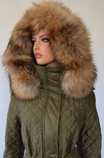 Burberry Brit $1000 Asiatic Raccoon Fur Nova Check Quilted Coat Jacket 