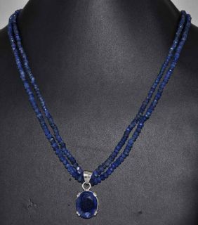 Sapphire Pendant in Burma Blue Sapphire Beads Necklace