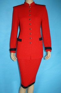   Knit Fitted Red Navy Jacket Skirt 2 PC Suit Gold BTNS M 6 8