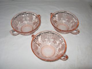 PINK SHARON CABBAGE ROSE CREAM SOUP BOWLS 3 EACH FEDERAL GLASS CO 1935 