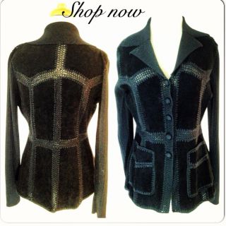 Vintage Leather Crochet Sweater Jacket Black Boho Hippie Hipster Mod 