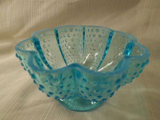 Glass Bowl L K Aqua Blue Opalescent Fenton Hobnail Art