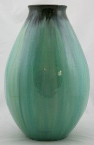 Filmont Caen French Pottery 12 5 Vase in Fabulous Blue Green Flambe 
