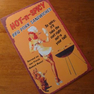 Hot N Spicy BBQ Grill Smoker Sign Vintage Pin Up Girl Barbeque 