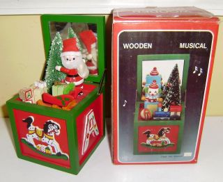 Vintage Christmas Wooden Music Box with Santa Putting Gifts on Tree 