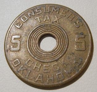 Old Brass Oklahoma Consumers 5 Tax Check Token Coin OK