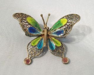 Vintage Enamel Butterfly Pin Brooch 800 Silver Filigree Plique A Jour 