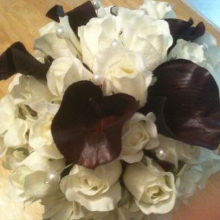 Wedding Bouquet White Roses Hydrangeas Purple Calla Lily Pearl Accents 