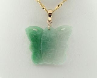Estate Carved Jade Butterfly Solid 18K Gold Pendant Charm