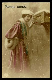   Art Deco Girl Hat Fur on Mailbox w 1918s Tinted Photo Postcard
