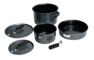 Camping cookware set with saucepan, frying pan, and kettle Made of 
