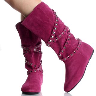 Pink Flat Boots Winter Mid Calf Studded Faux Suede Cute Womens Shoes 