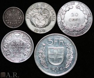 Silver Coins Canada, Colombia, French Indo China, India, Switzerland 