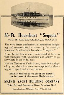 1925 Ad Mathis Yacht Building Compay Houseboat Sequoia   ORIGINAL 