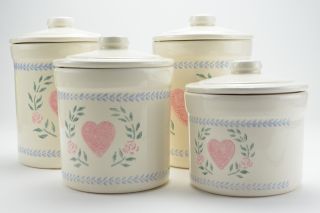   Heart Designed Four Piece Canister Set With Lids Country Kitchen Deco