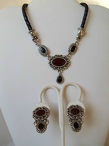 Authentic Brighton Necklace Earring Set Red Black Leather Silvertone 