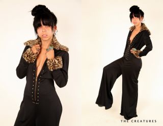 Vtg 70s Elvis Studded Fur Plunging Bell Bottom Palazzo Maxi Dress 
