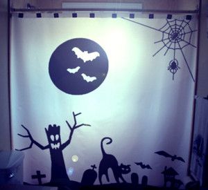 Halloween Shower Curtain Black Cat Bats Graveyard Ghoul