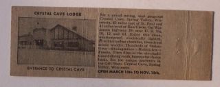 1950s Matchbook Crystal Cave Lodge Spring Valley Wi MB