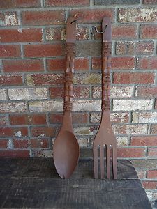 Large Carved Wooden Spoon and Fork Wall Decor