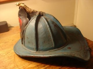 Antique Carnes Bros Firemans Helmet w Brass Eagle c1900 Abington MA 