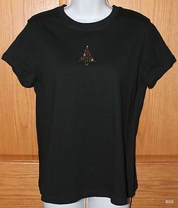 Black Holiday T Shirt w Jeweled Christmas Tree Womens Medium