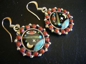 UNIQUE COSMIC INLAY TURQUOISE CORAL SNAKE EYE STERLING EARRINGS