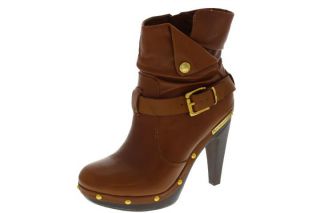 BCBG New Meesa Brown Leather Embellished Block Heels Booties Shoes 6 