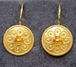 15KY Gold Castellani Shield Earrings Etruscan Design