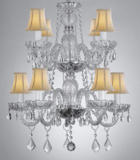   VENETIAN STYLE CRYSTAL CHANDELIER 9 LIGHTS 2 TIERS WITH BEIGE SHADES