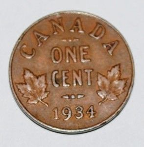 Canada 1934 1 Cent Copper Coin One Canadian Penny Nice
