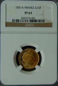 1851 A Proof Ceres Gold 10 Francs NGC Proof 63