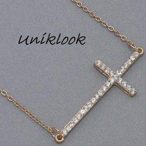   Clear Crystal Pave Cross Pendant Gold Chain Design Jewelry 18 Necklace