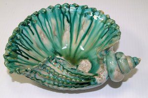 Vintage Majolica Art Pottery Figural Conch Shell Bowl 4328