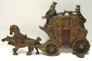 Vintage Cast Iron Door Stop Royal London Mail Coach Painted Both Sides 