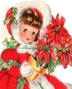 Sweet Vintage Little Girl w Poinsettias Christmas Fabric Block 5x7
