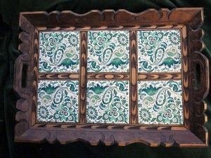 Vintage Large Mexican Tile Carved Wood Tray Green Paisley Design 1975 
