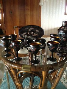 Beautiful vintage hand painted 17 piece set black lacquer on wood sake 