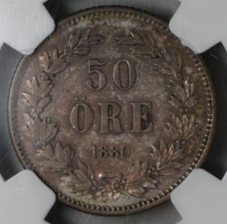 1880 NGC VF 35 Sweden Silver 50 Ore Oscar II King Sweden Norway NGC 