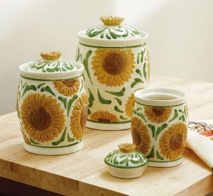 Ceramic Green Yellow Sunflower Flower Kitchen 3 Canister Set 