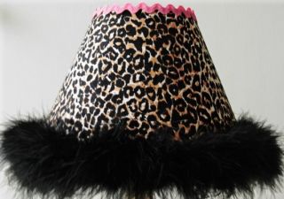 Fluffy Cheetah Leopard Lamp Shade with Black Boa and Hot Pink Trim 