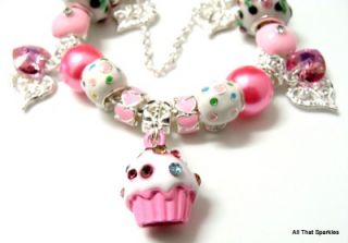 Pink Cupcake Swarovski Heart Child Girls Charm Bracelet