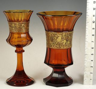 LARGE MOSER AMBER CUT GLASS VASES w/ GREEK SCENES OF S 