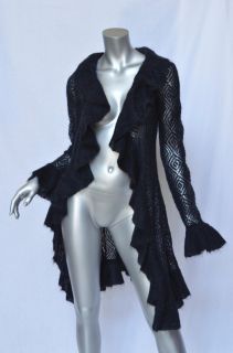 Diane Von Furstenberg Black Mohair Diamond Knit Ruffle Sweater Coat 