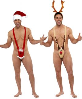 Mens Christmas Santa Rudolph Kini Reindeer Elastic Mankini Thong 